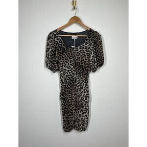 Ganni Ruched Leopard Print Mini Dress Size 38 US XS Mesh Bodycon
